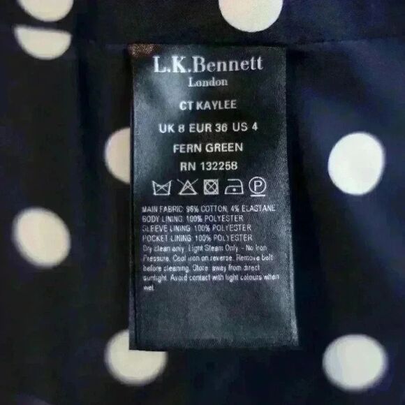 LK Bennett Bright Green Double Breasted Trench Coat Lined w/Navy Dots Size 4 - Picture 8 of 8